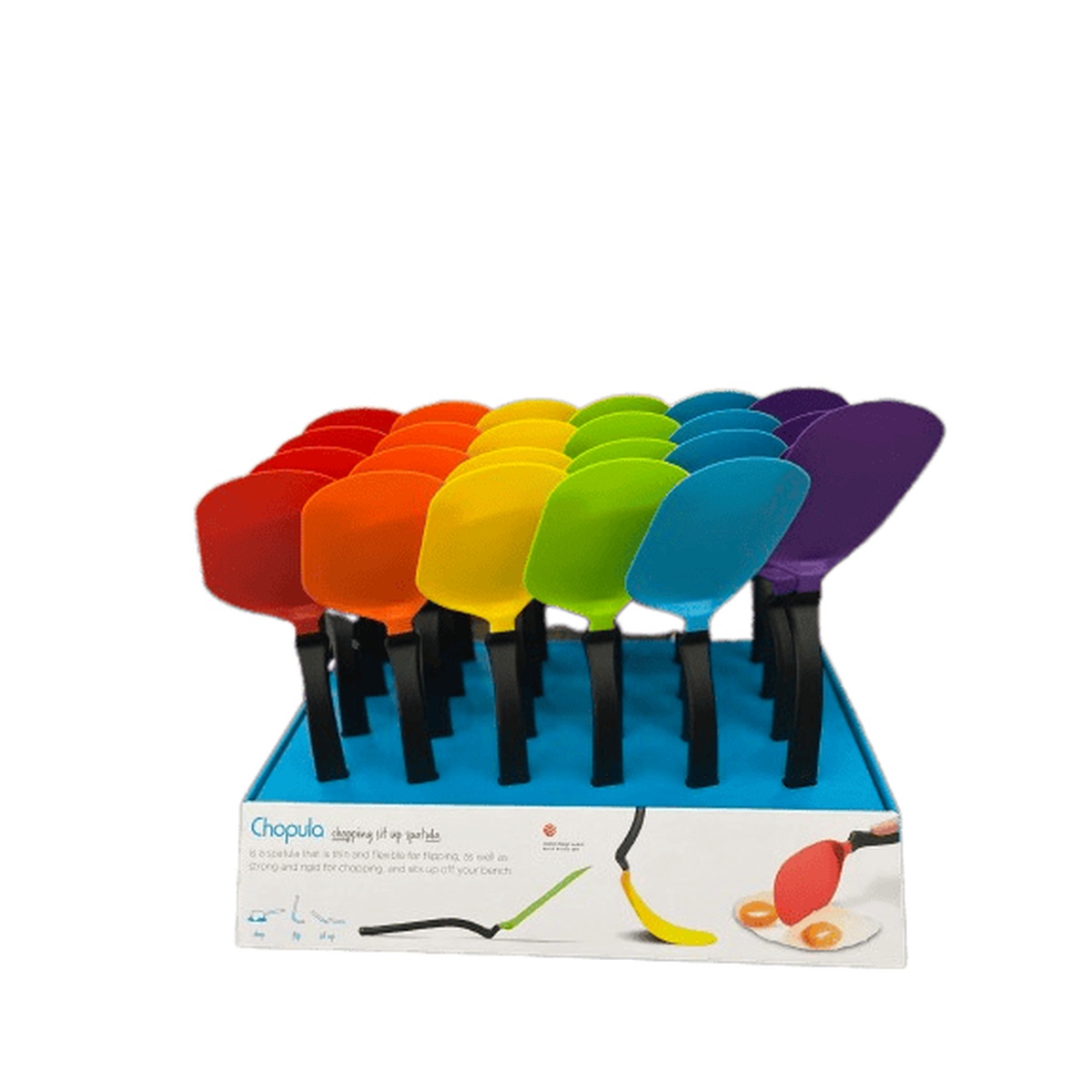 Dreamfarm Chopula spatulas displayed in a full rainbow of colors on a retail counter stand