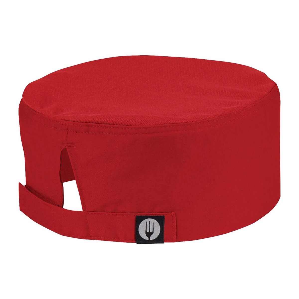 Chef Works red beanie chef's hat showing Cool Vent mesh top and adjustable Velcro closure