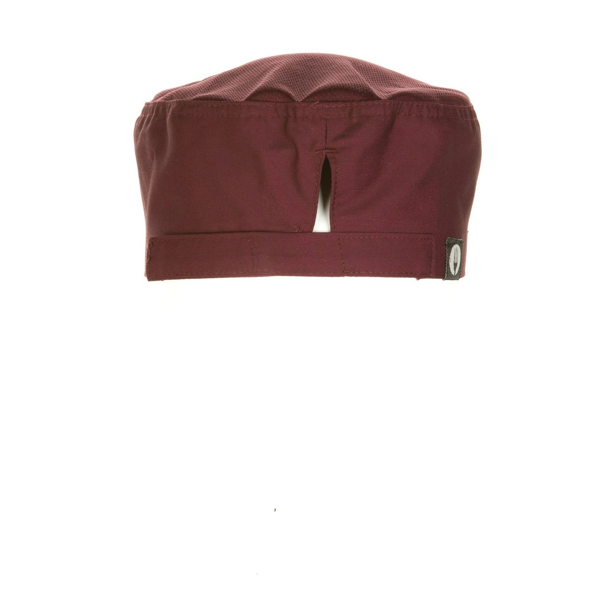 Chef Works Cool Vent Beanie in Merlot, back view showing Velcro adjustable closure and Chef Works brand label