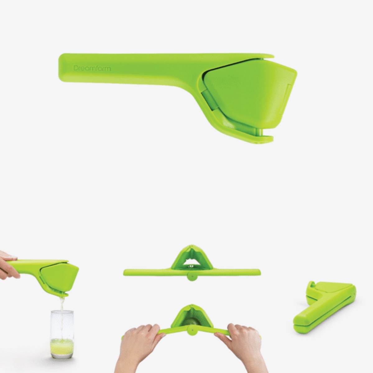 Dreamfarm Fluicer lime green citrus juicer shown folded flat, open for juicing, and directing juice into a glass