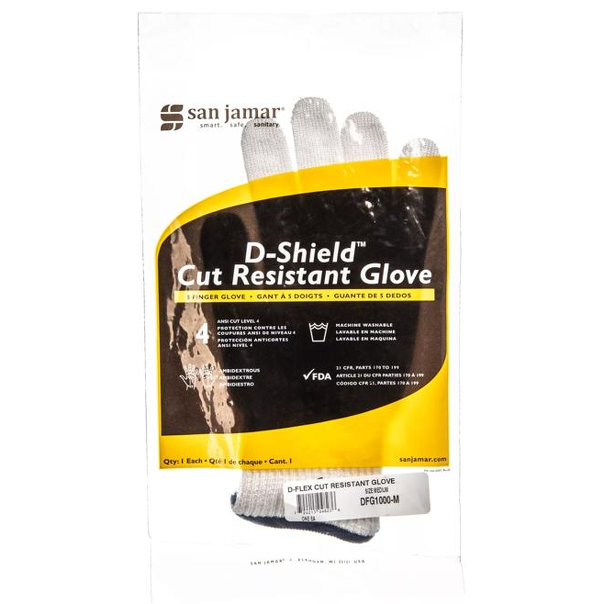 D-Shield Cut Resistant Glove in original San Jamar retail packaging showing ANSI Level 4 and FDA compliance icons