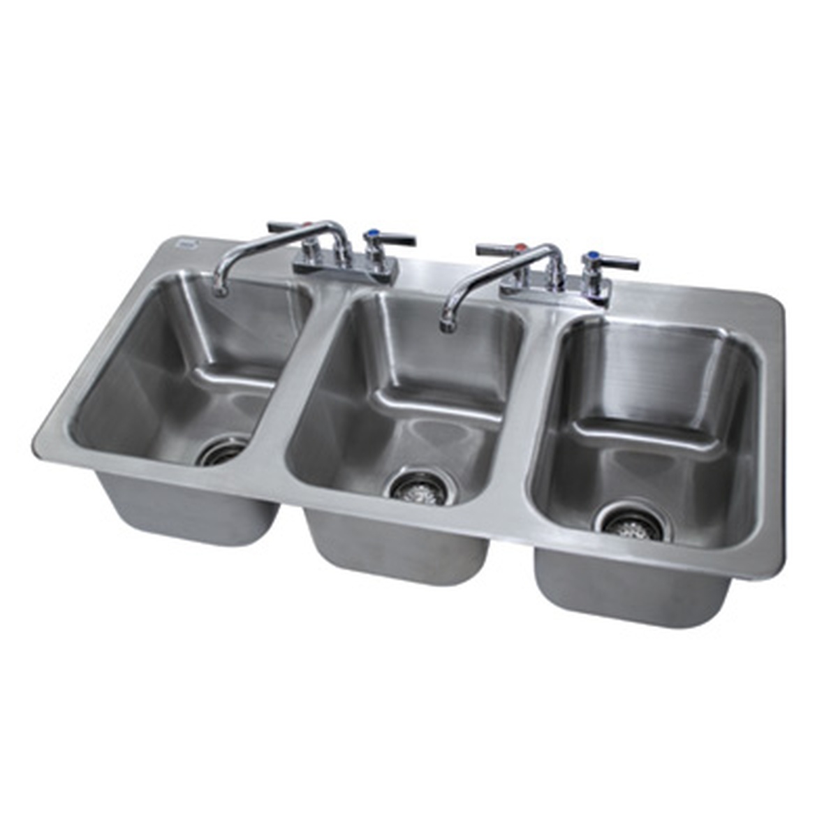 Advance Tabco DI-3-1410 three-compartment drop-in sink, front view with swing spout faucets