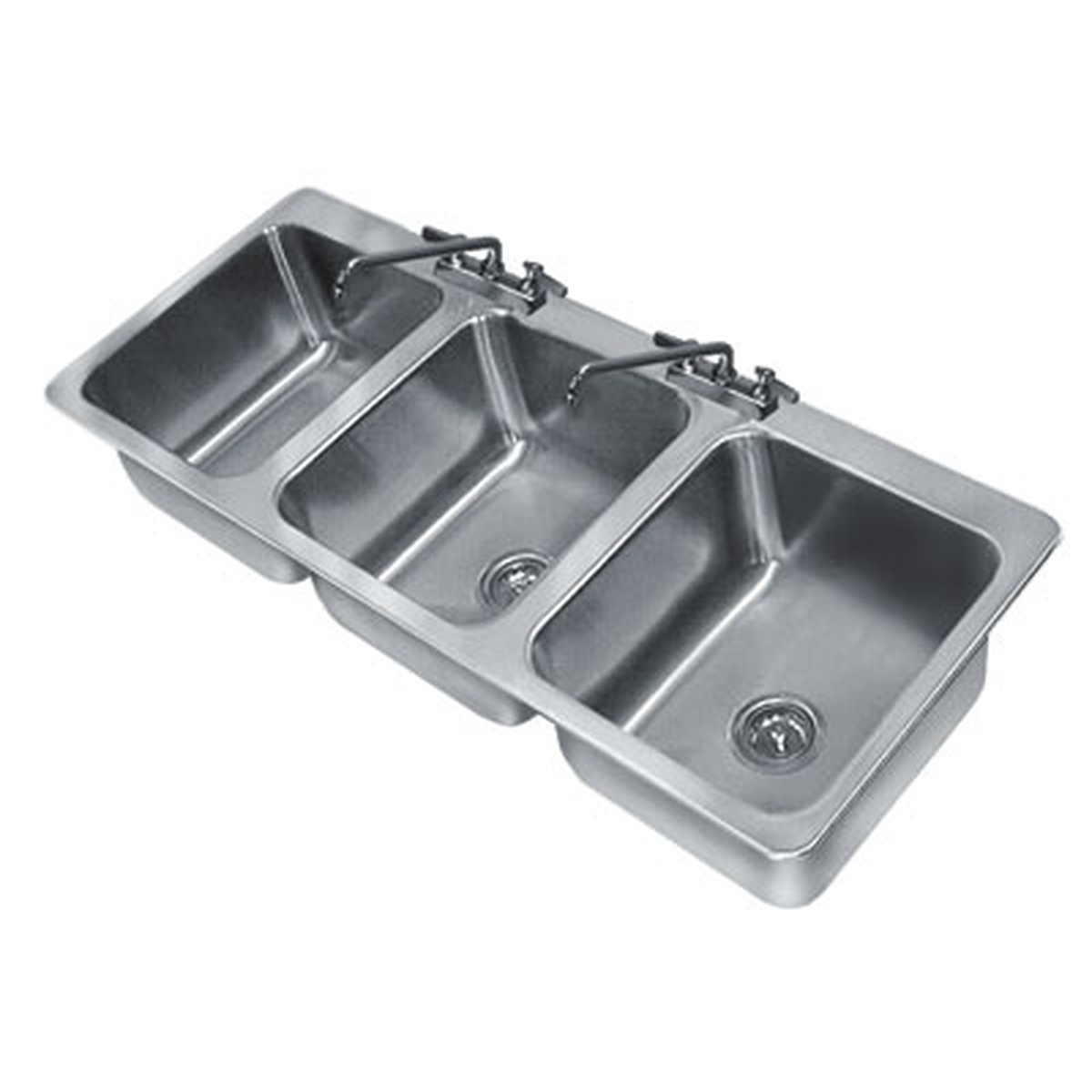 Advance Tabco DI-3-1410 three-compartment drop-in sink, angled perspective view showing depth and faucets