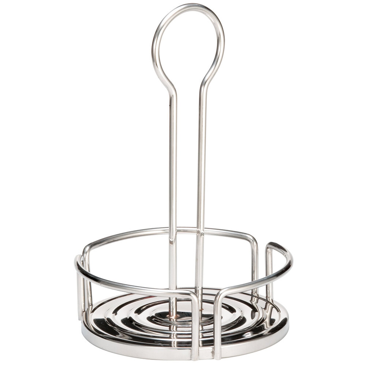 TableCraft DIA728 Versa Rack stainless steel round condiment caddy with wire handle and coiled base