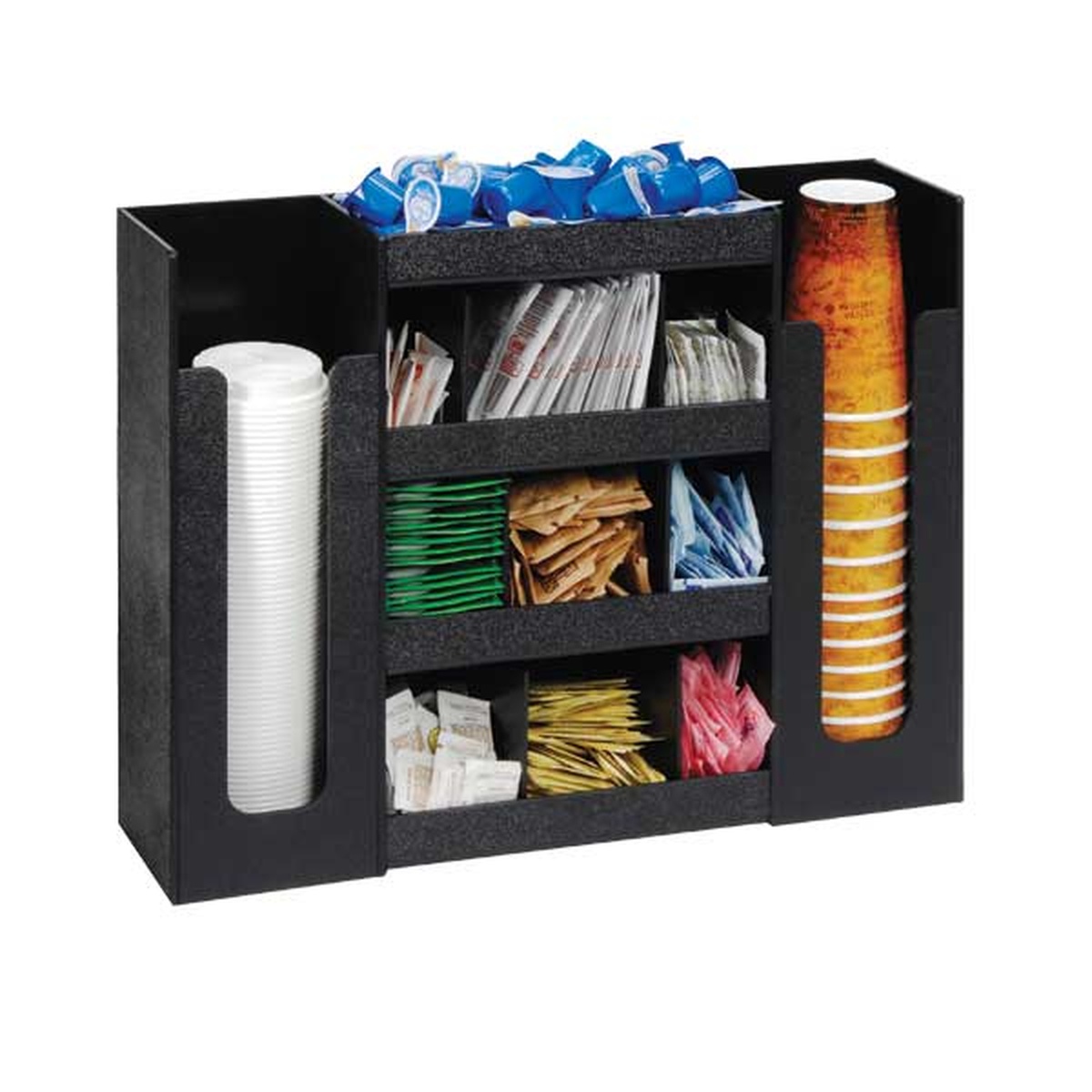 Dispense-Rite DLCO-5BT six-section black polystyrene countertop organizer filled with cups, lids, and packeted condiments