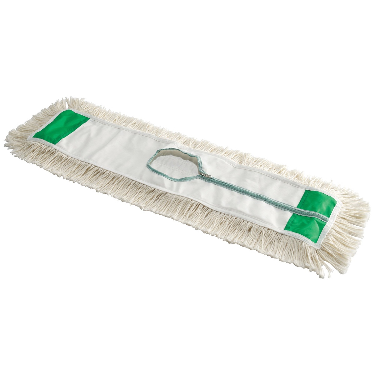Winco DM-24H 24-inch white cotton dust mop head with nylon backing, green zipper closure, and looped-end fringe