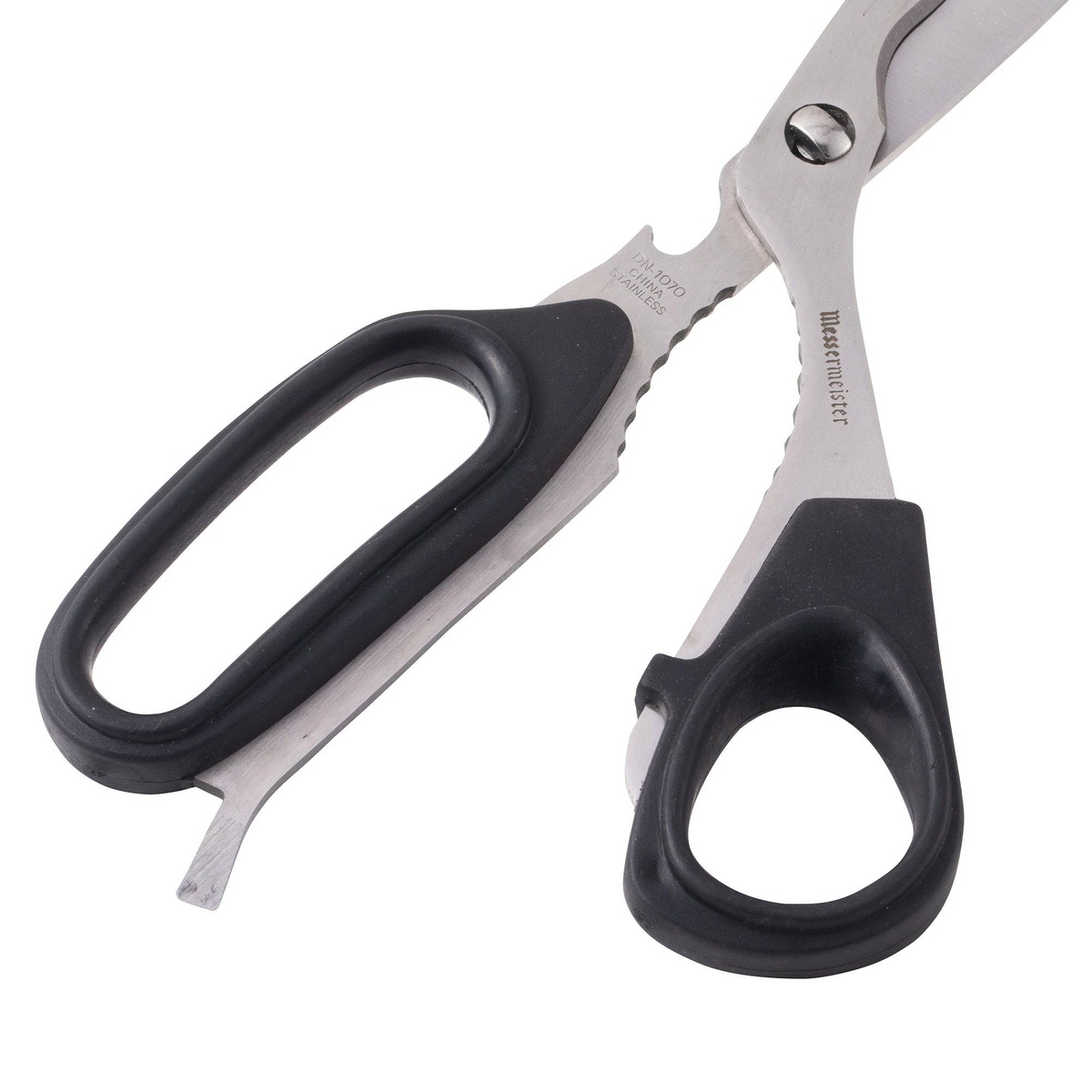 Messermeister DN-1070 Take-Apart Utility Shears fully separated into two halves for cleaning, showing screwdriver tip and bottle opener