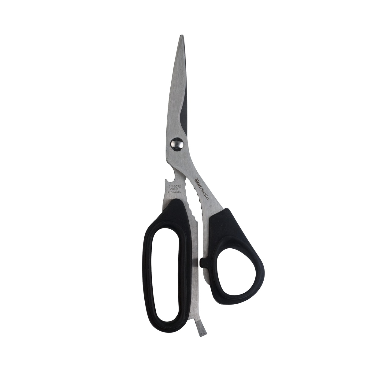 Messermeister DN-1070 8.5-inch Take-Apart Utility Shears closed, stainless steel blades with black ergonomic handles