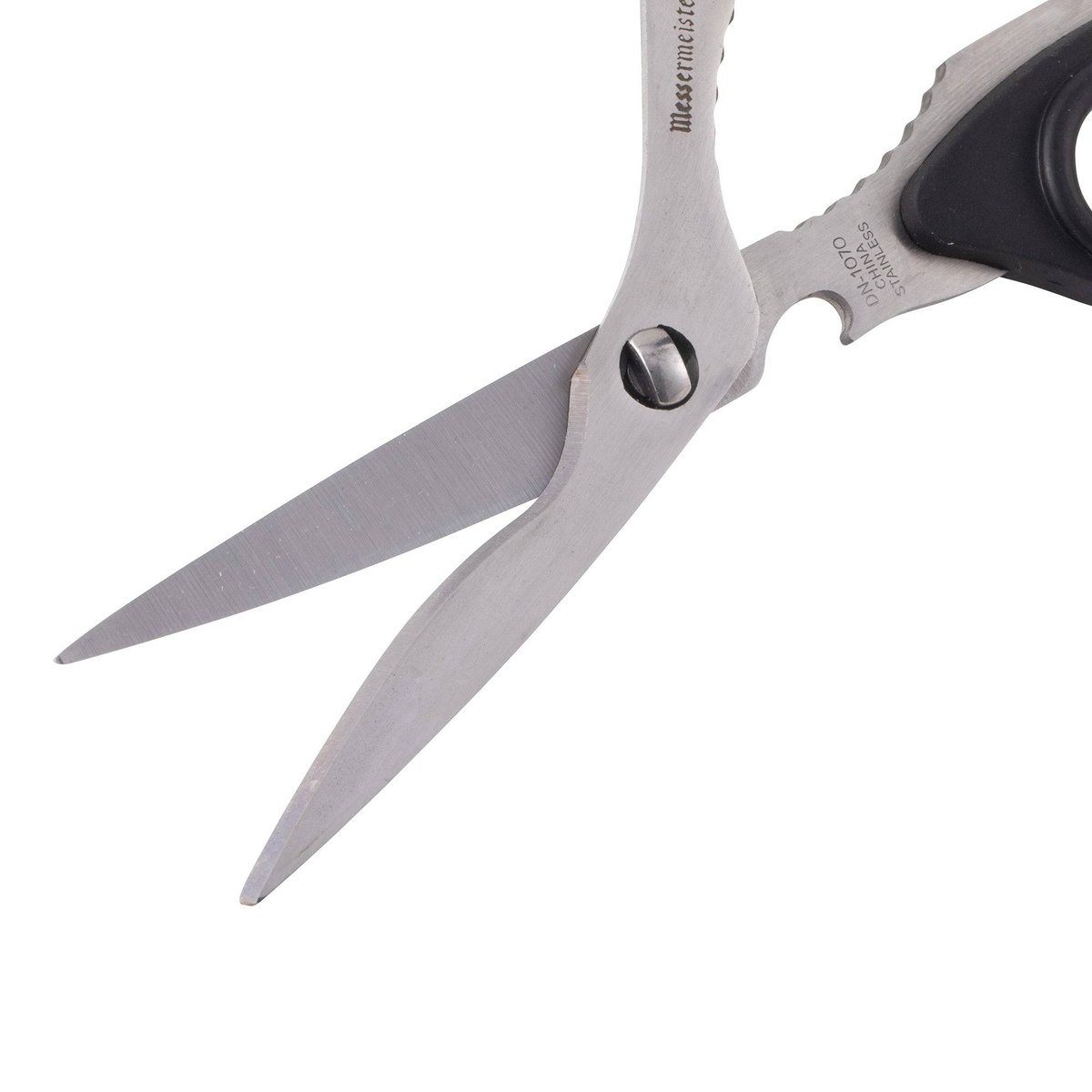 Close-up of Messermeister DN-1070 shears blade tips open, showing precision stainless steel cutting edges