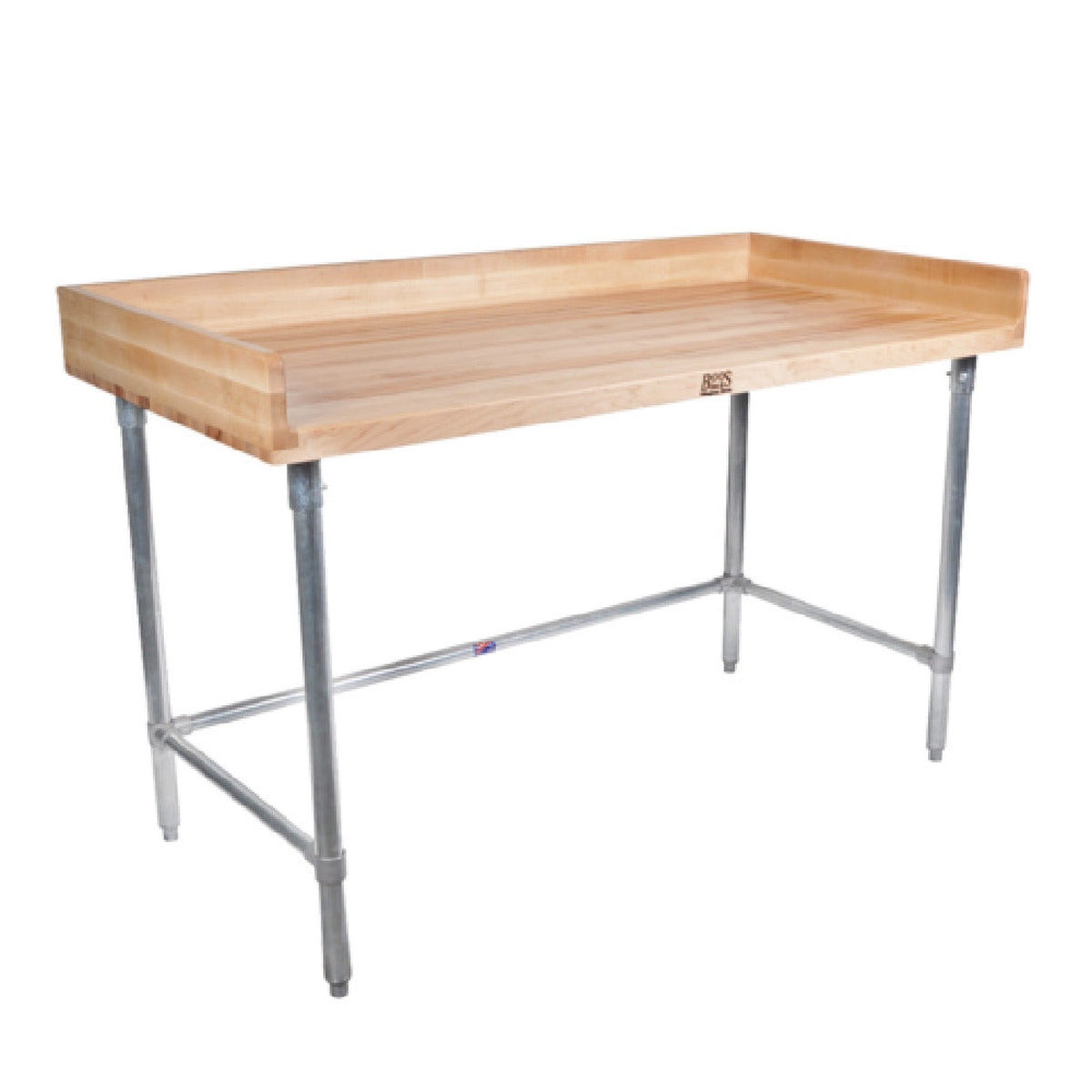 John Boos DNB06 Baker's Top Work Table with Northern Hard Rock Maple surface, 4-inch coved riser, and open galvanized crossbrace base