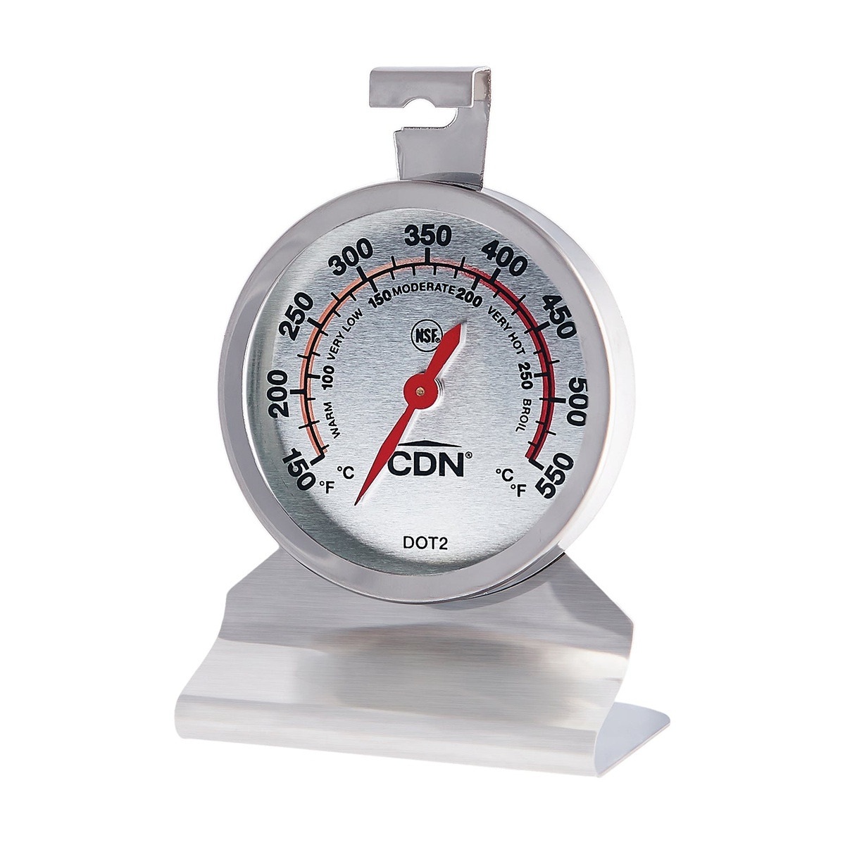 CDN DOT2 ProAccurate oven thermometer standing on its stainless steel base, dial facing forward showing 150-550°F scale with NSF certification mark