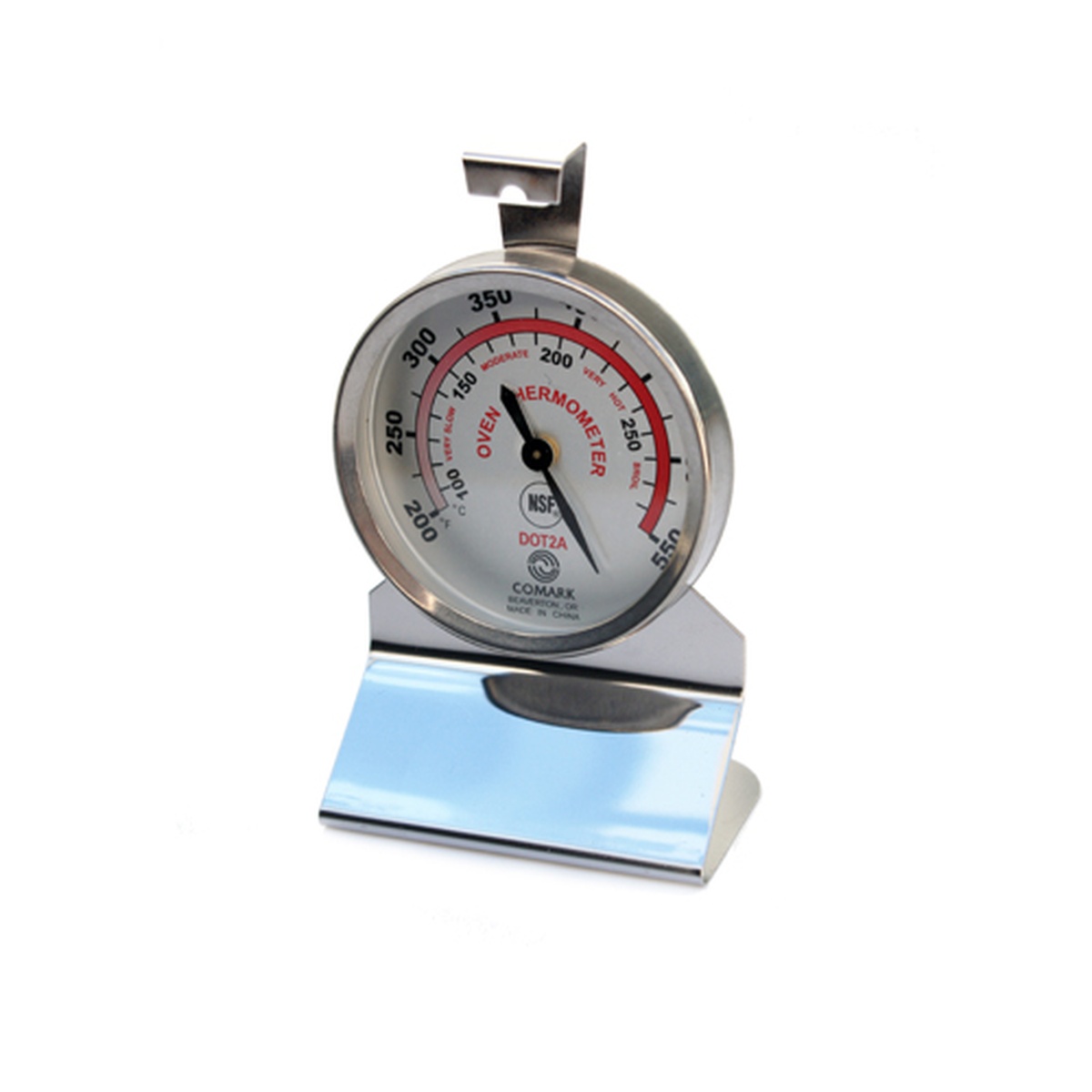 Comark DOT2AK stainless steel oven thermometer with color-coded dial, standing base, and hanging hook
