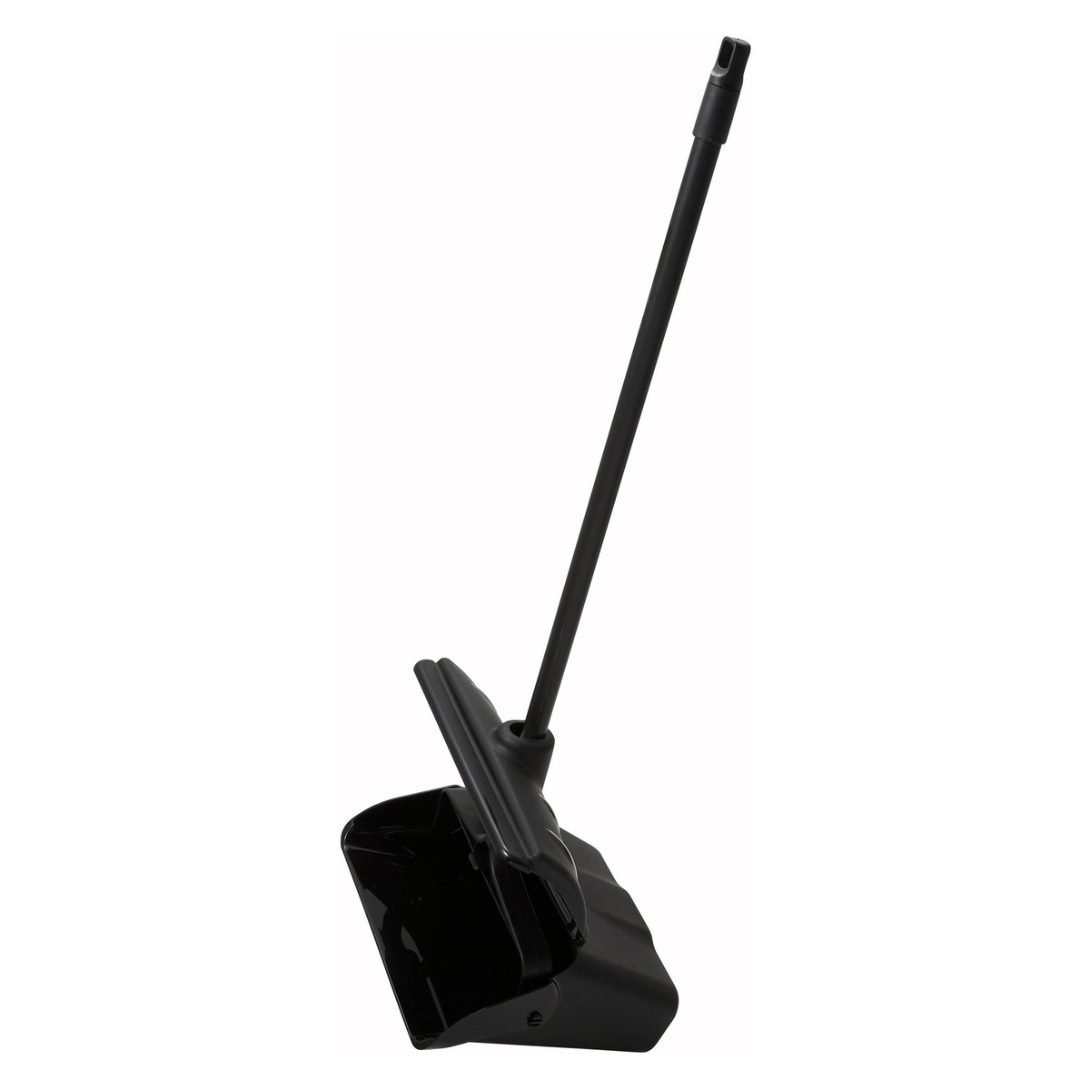 Winco DP-13C black lobby dust pan with long handle and wind break cover, viewed from the side