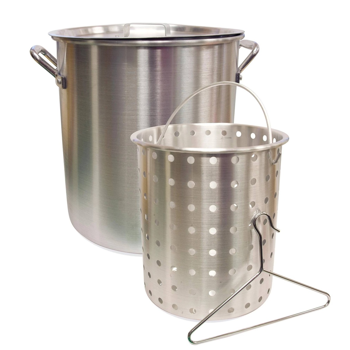 Camp Chef 32-quart aluminum stock pot with perforated basket insert and basket removal hook