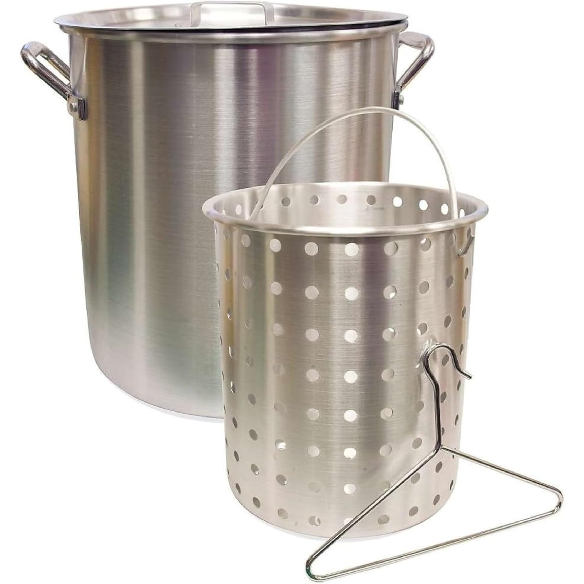 Camp Chef DP42 42-Quart polished aluminum stock pot shown with perforated basket and basket removal hook
