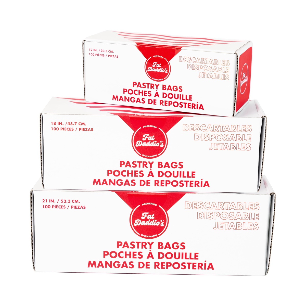 Three Fat Daddio's disposable pastry bag retail boxes stacked - 12-inch, 18-inch, and 21-inch sizes each containing 100 bags