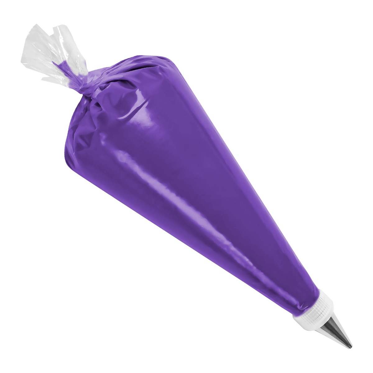 Fat Daddio's clear disposable pastry bag filled with purple frosting fitted with a metal piping tip