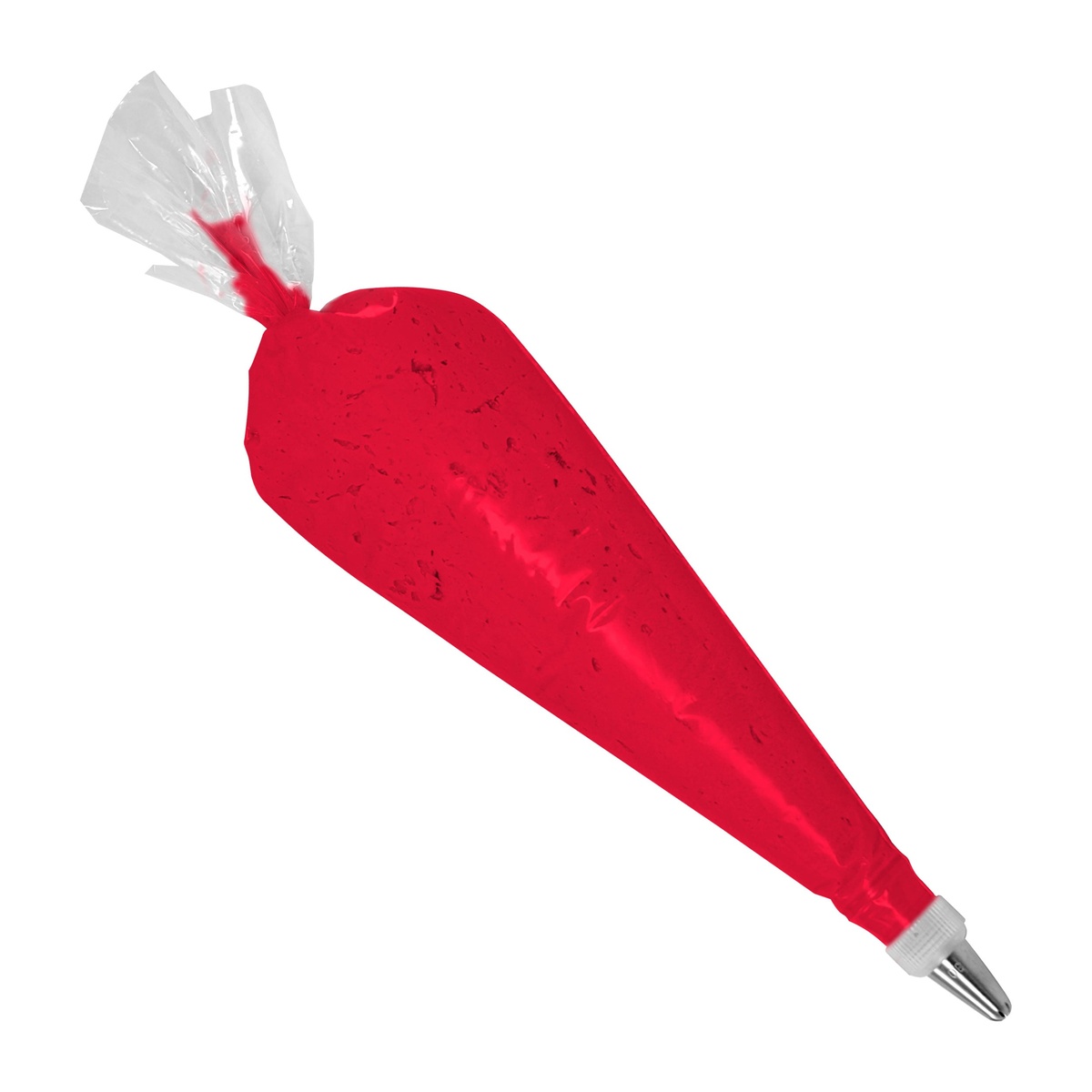 Fat Daddio's 18-inch disposable pastry bag filled with red frosting and fitted with a metal piping tip