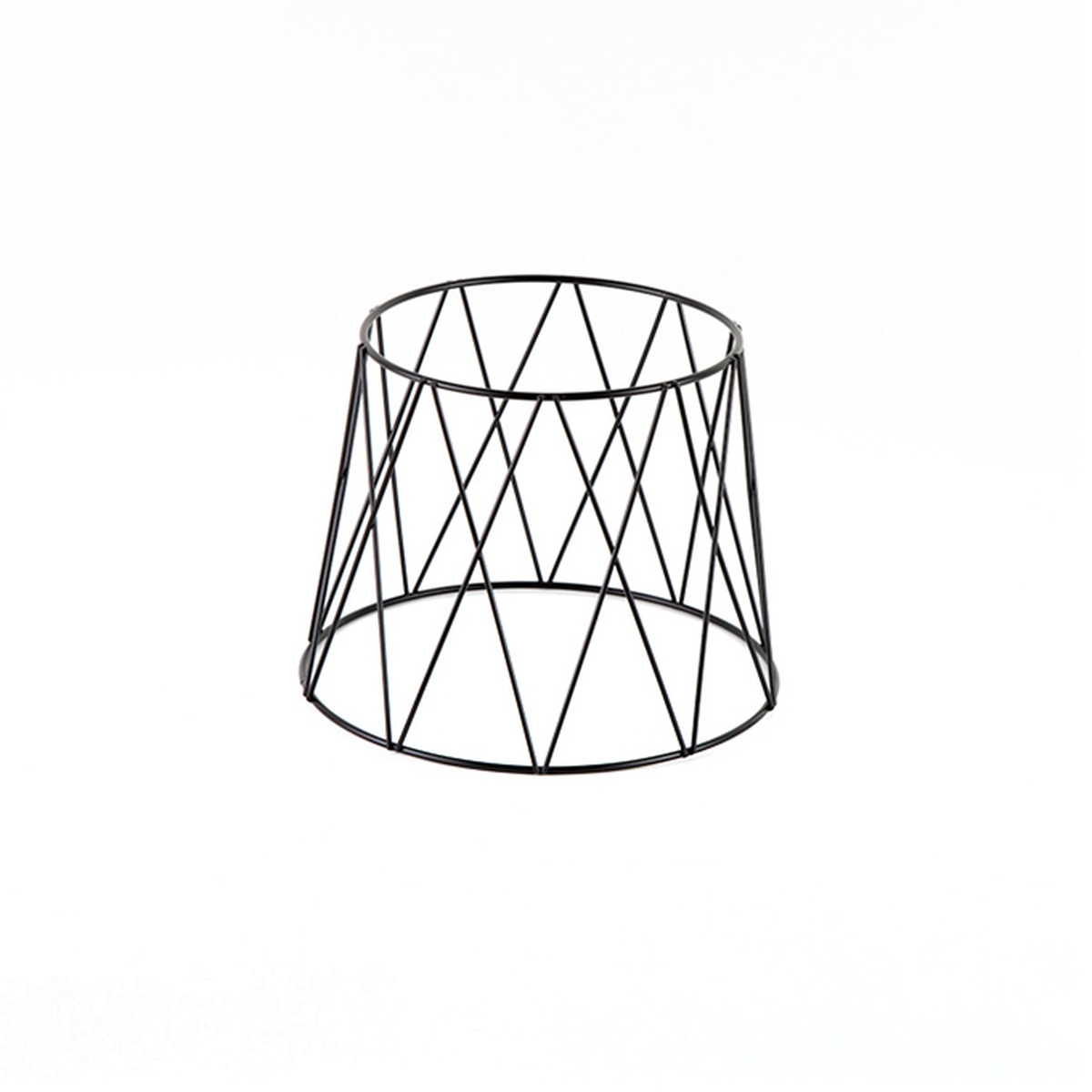 American Metalcraft DPS797 black wrought iron drum pizza stand, angled side view showing geometric patterned frame
