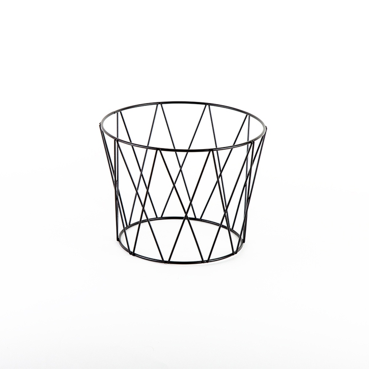 American Metalcraft DPS797 black wrought iron drum pizza stand, front view showing full geometric wire pattern