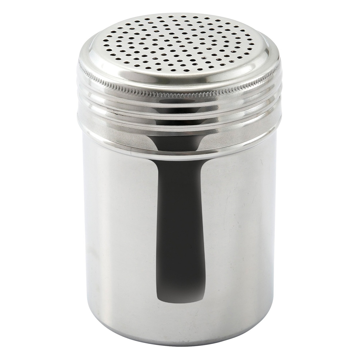 Winco DRG-10H 10 oz. stainless steel dredge shaker with perforated lid, viewed from above at an angle