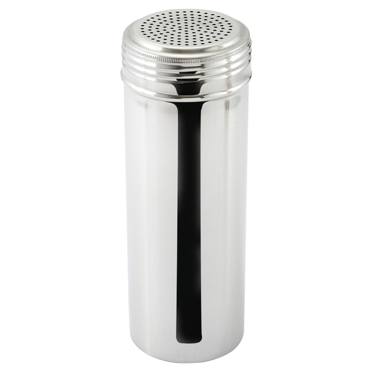 Winco DRG-22H 22 oz. stainless steel dredge shaker with perforated screw-on lid, shown on white background