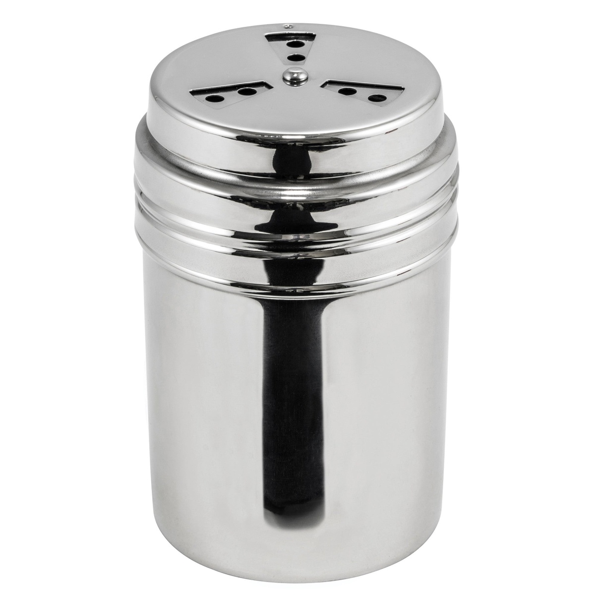 Winco DRG-8P stainless steel 8 oz adjustable shaker dredge with mirror-finish body and adjustable perforated top