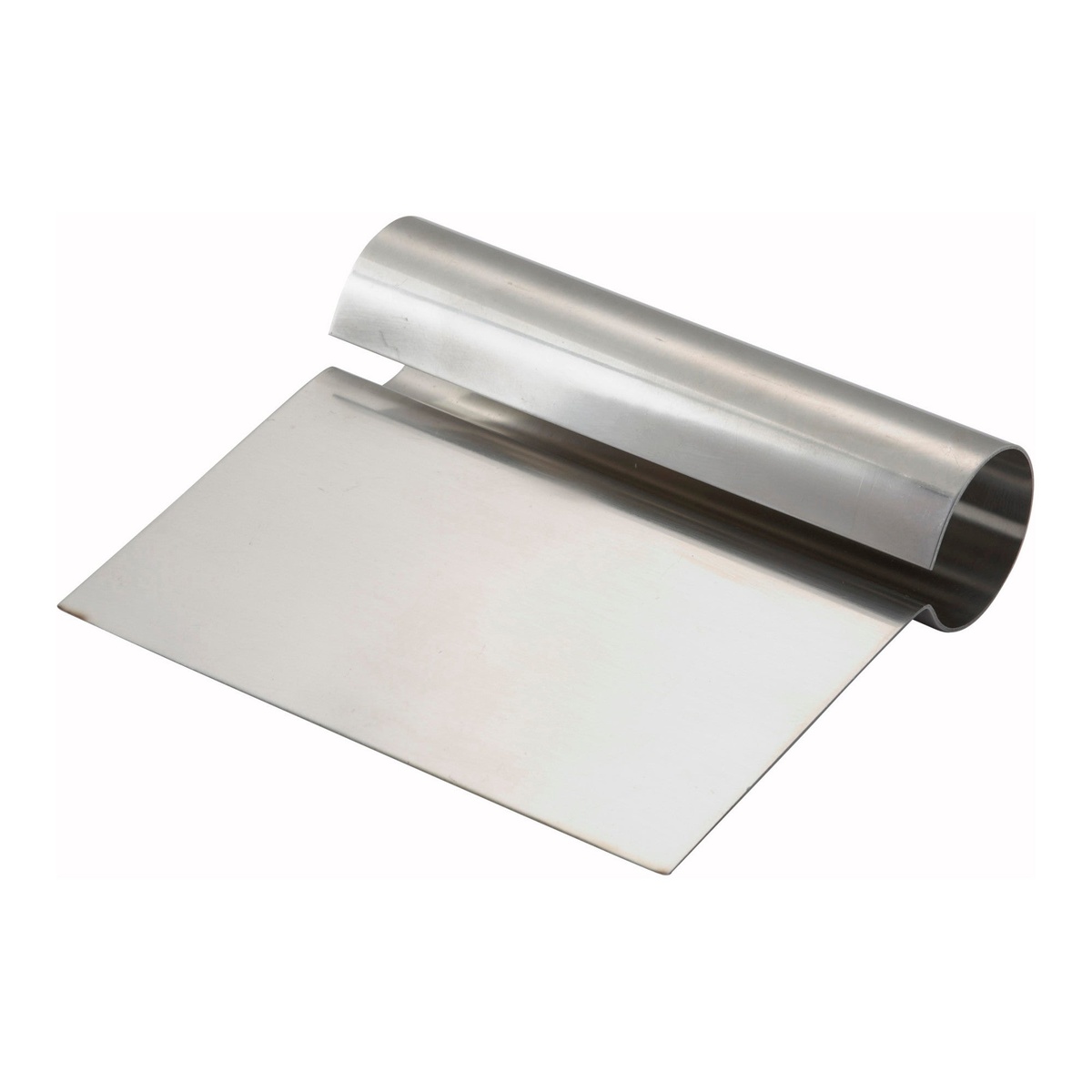 Winco DSC-1 stainless steel dough scraper with flat rectangular blade and rolled cylindrical steel handle