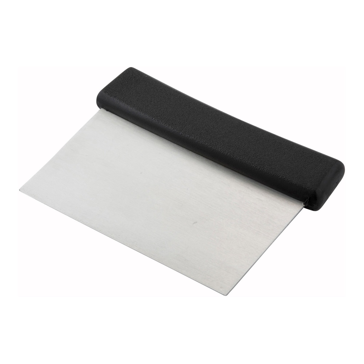 Winco DSC-2 dough scraper with black plastic handle and stainless steel blade on white background