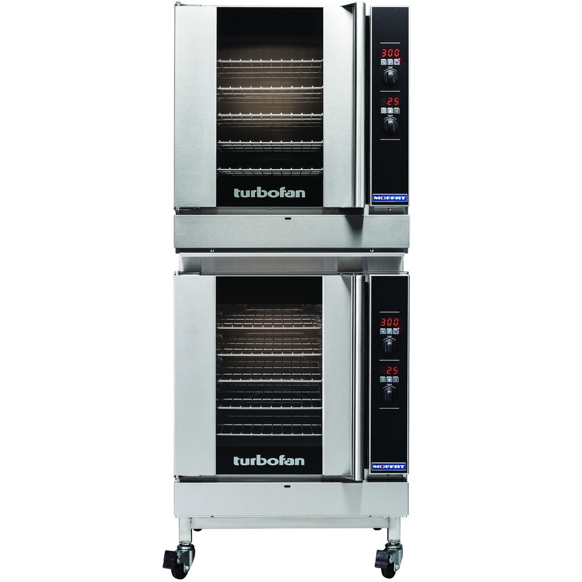 Moffat Turbofan DSKG32C double stacking kit shown with two G32 convection ovens stacked on caster base stand