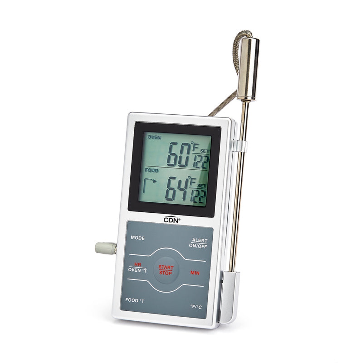 CDN DSP1-S dual-sensing probe thermometer angled view with stainless steel probe and cable attached