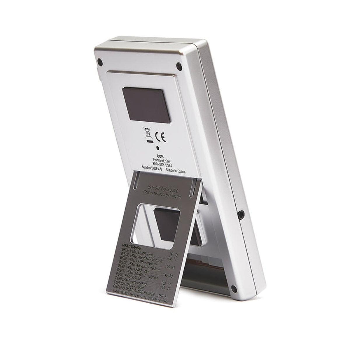 Rear view of CDN DSP1-S thermometer showing USDA safe food temperature guide printed on the folding stand