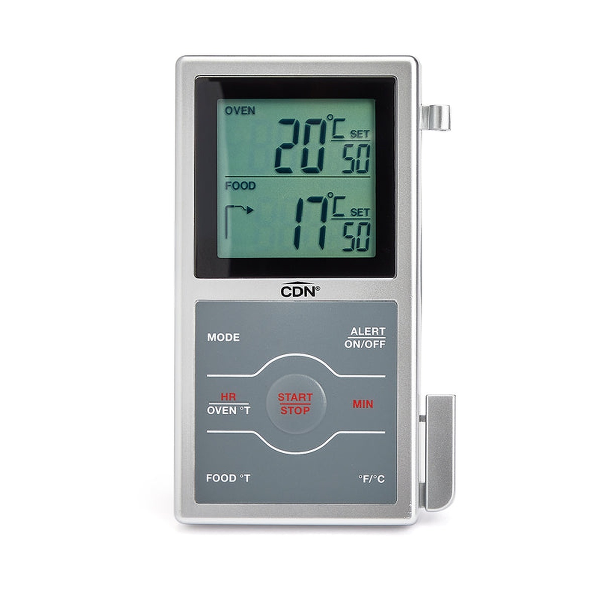 Front view of CDN DSP1-S digital thermometer timer showing dual oven and food temperature readouts on large LCD display
