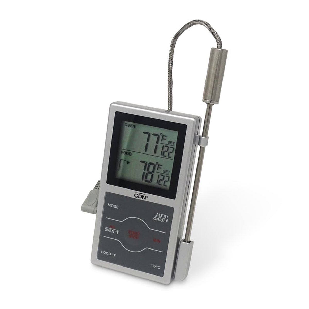 CDN DSP1 dual-sensing probe thermometer silver variant with stainless steel probe and braided cord shown upright on white background