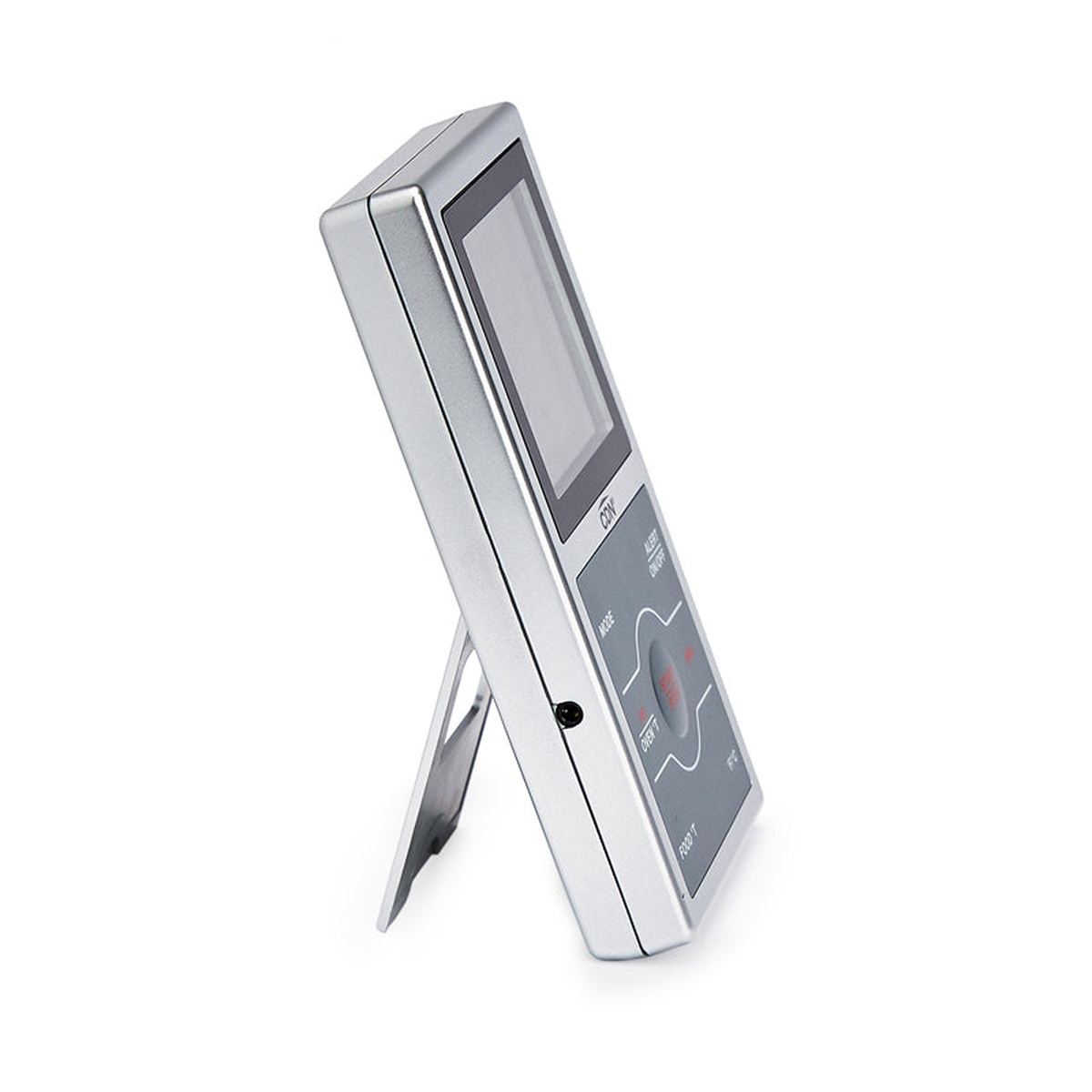 CDN DSP1 thermometer silver side view showing built-in kickstand fully extended for hands-free countertop display on white background