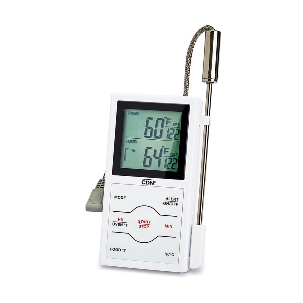 CDN DSP1-W white dual-sensing probe thermometer with stainless steel probe, braided heat-resistant cable, and dual-zone digital display on white background