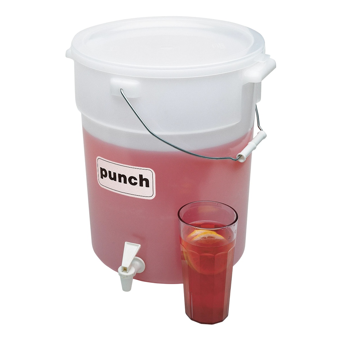 Cambro DSPR6148 6-gallon beverage dispenser with punch label, spigot, bail handle, and lid on white background