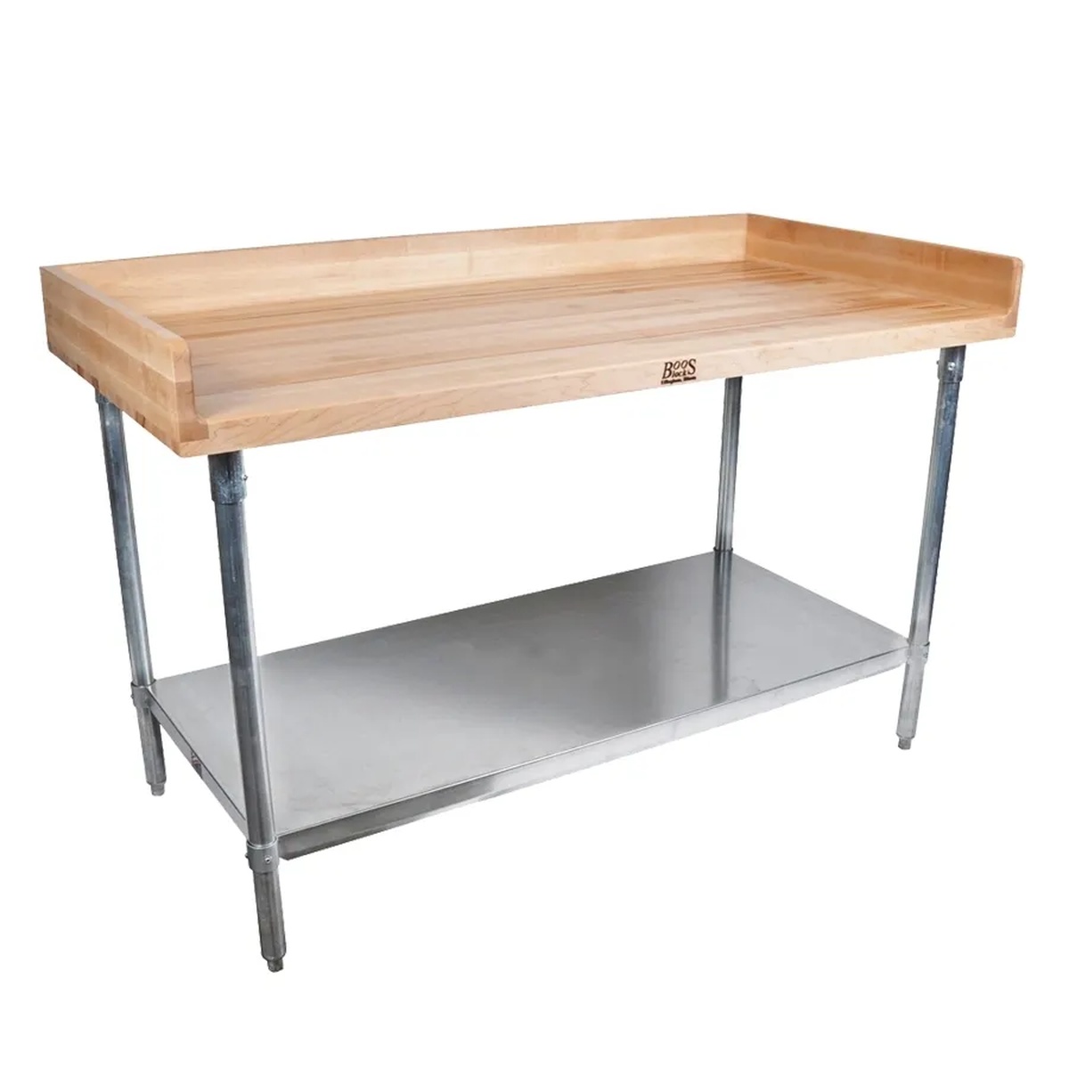 John Boos DSS06-X baker's work table with hard rock maple top, 4-inch coved riser, stainless steel legs, and adjustable undershelf