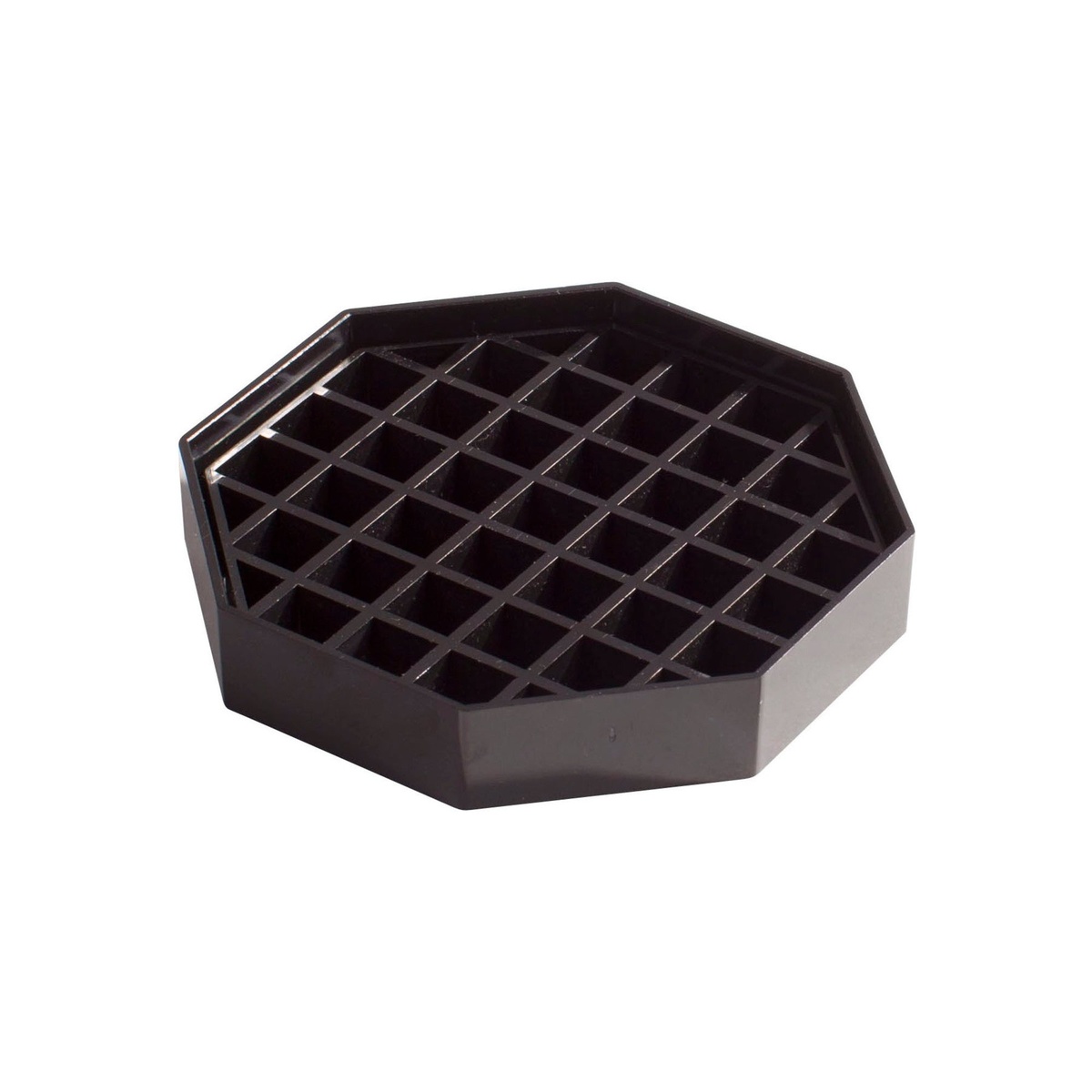 Winco DT-45 black octagonal plastic drip tray with removable grid insert, top angle view