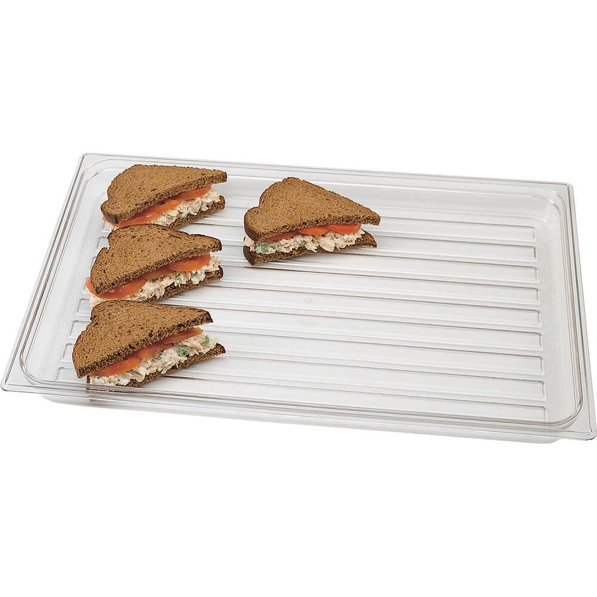 Cambro DT1220CW135 clear rectangular polycarbonate display tray with ridged surface shown holding sandwich halves