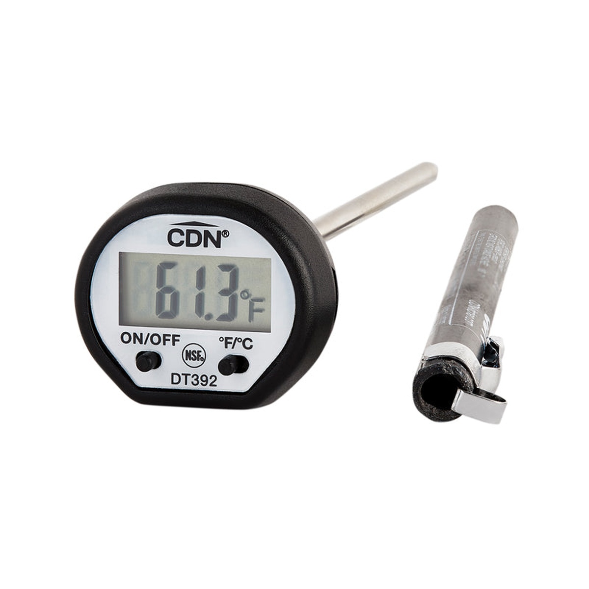 CDN DT392 ProAccurate digital thermometer with stainless steel stem and protective sheath with pocket clip on white background