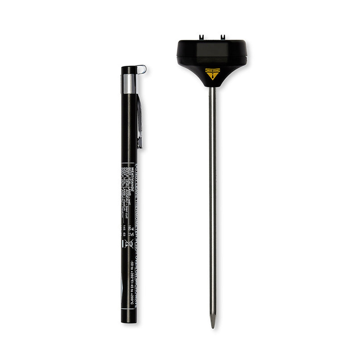 CDN DT392 digital thermometer shown separated from its black protective sheath with printed temperature guide and pocket clip on white background