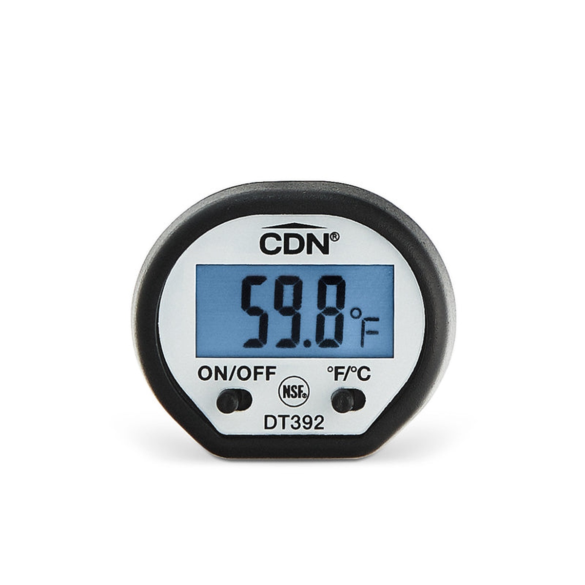 CDN DT392 digital thermometer front face showing large backlit LCD display reading 59.8 degrees Fahrenheit on white background
