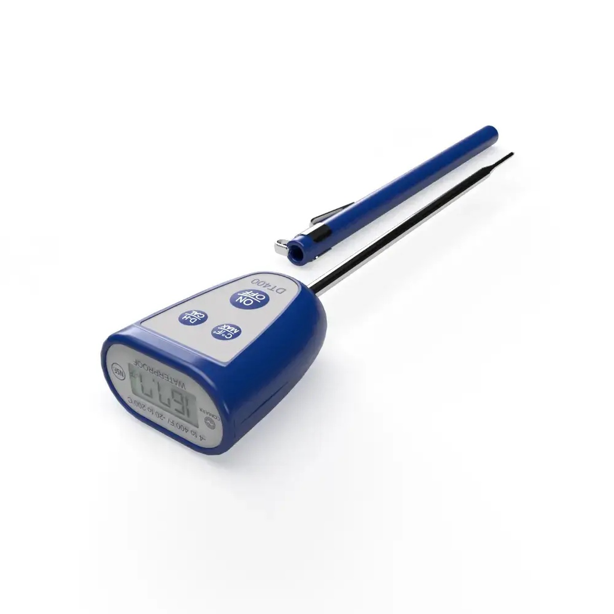 Comark DT400 blue pocket thermometer with 1.5mm thin tip probe, digital display, and protective sleeve on white background