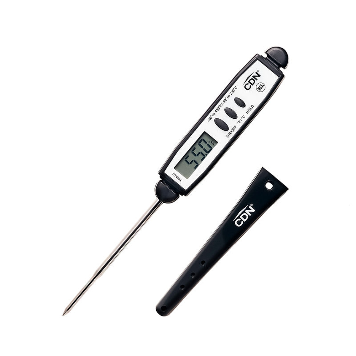 CDN DT450X digital pocket thermometer in black with stainless steel probe and probe sheath beside it