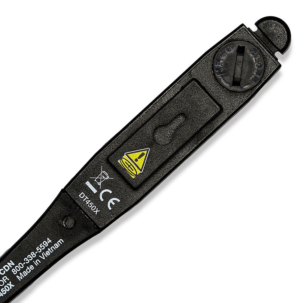 Rear view of CDN DT450X-B thermometer showing battery compartment, CE marking, DT450X model label, and Made in Vietnam imprint
