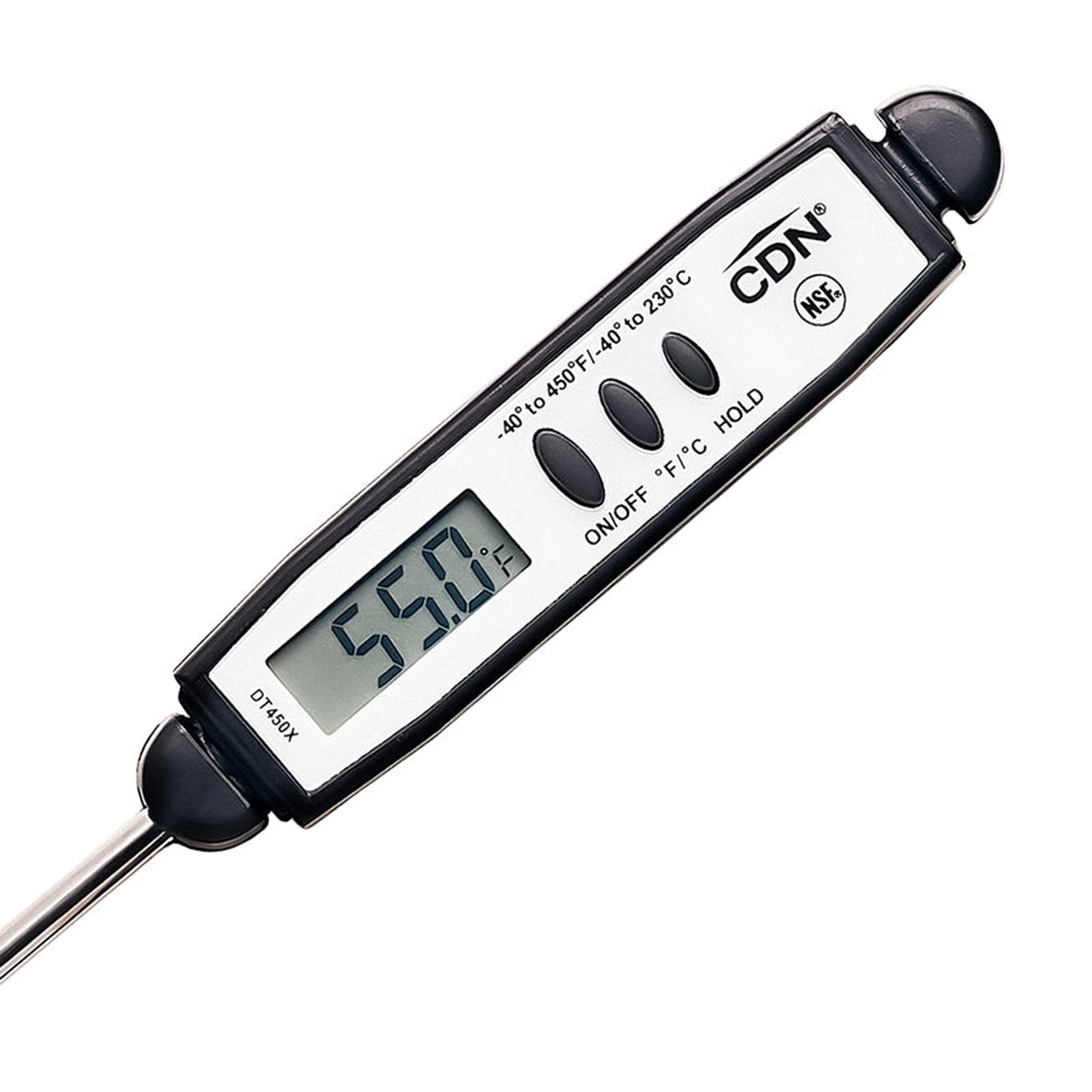 Close-up of CDN DT450X digital pocket thermometer display showing 55.0°F reading with ON/OFF, °F/°C, and HOLD buttons