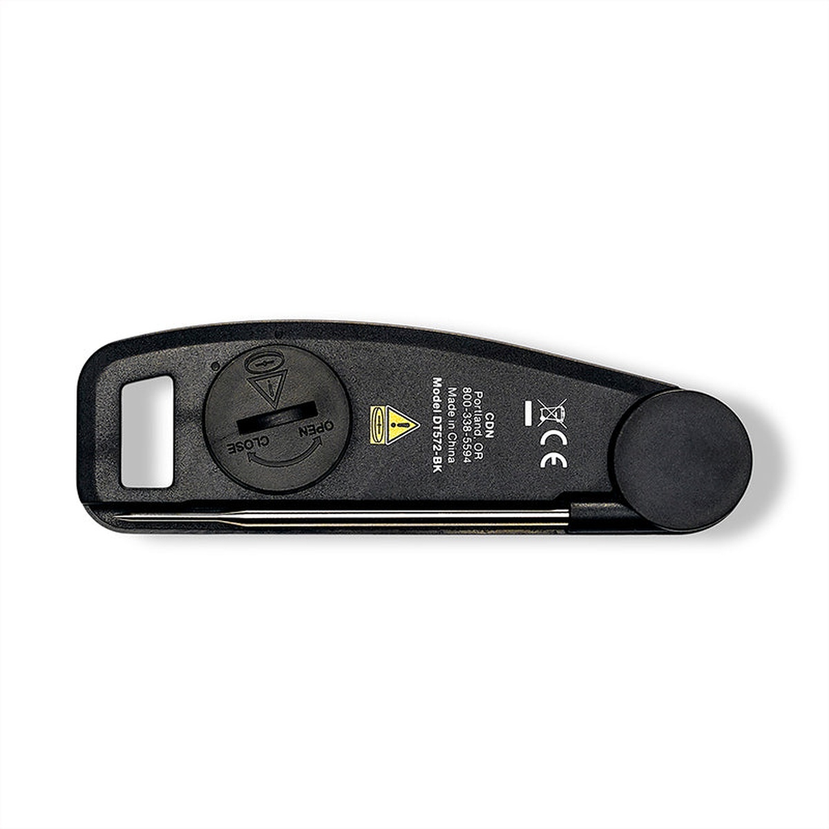 CDN digital folding thermometer back view showing battery compartment with open and close indicator and probe stored flat
