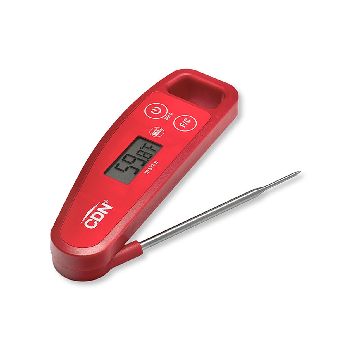 CDN DT572-R red digital folding thermometer with stainless steel probe extended and LCD display showing temperature reading