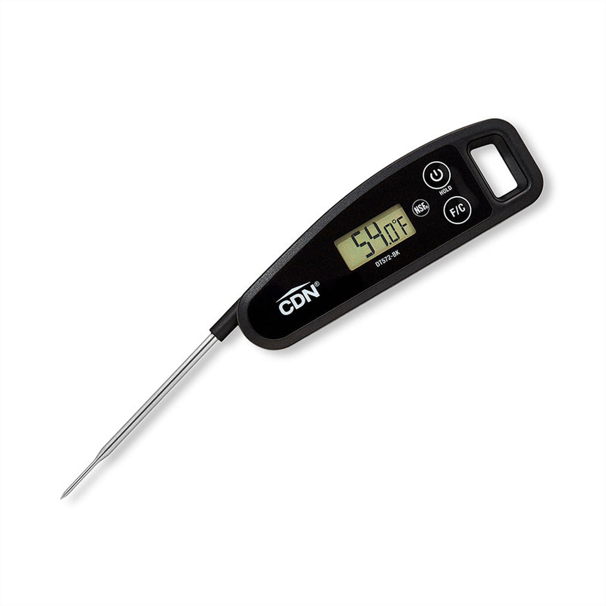 CDN digital folding thermometer in black with stainless steel probe fully extended showing LCD readout and NSF badge
